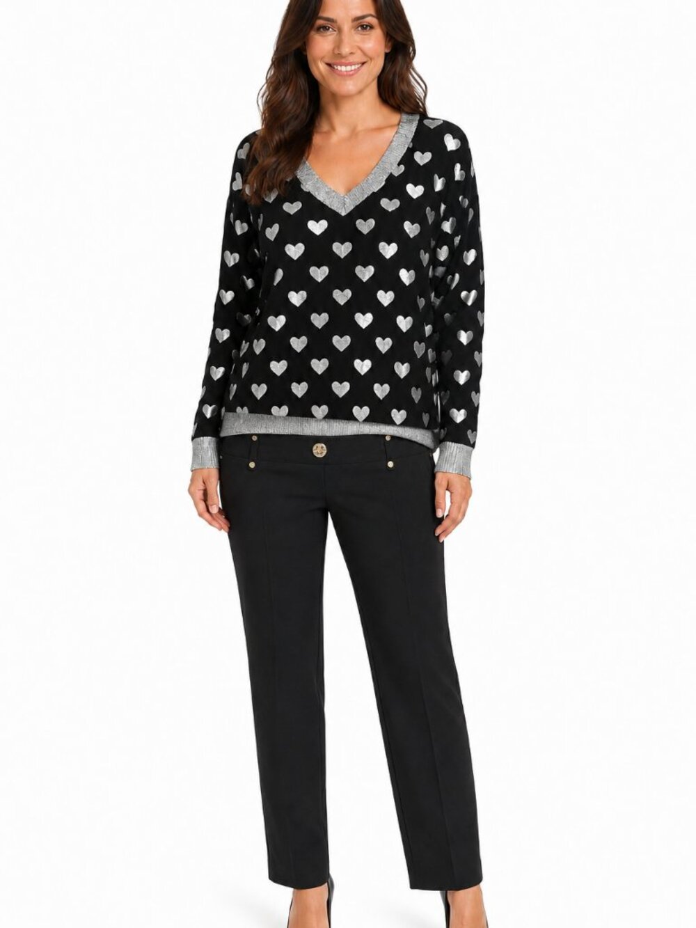 2-Piece Outfit Bundle: Jane & John Silver Heart Sweater (M) & Anne Klein Black P